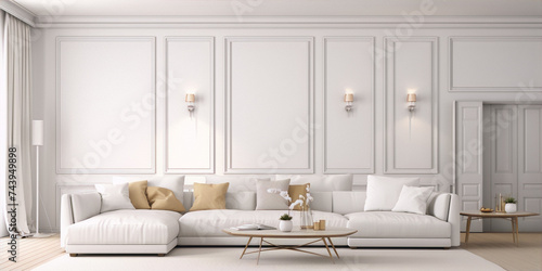 Bright airy white living room interior design with white sofa and golden accents in classic contemporary style © nadiajal