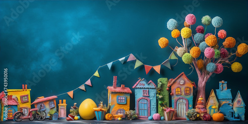 Whimsical and colorful miniature village made of clay houses and decorated with pom poms and garlands. photo