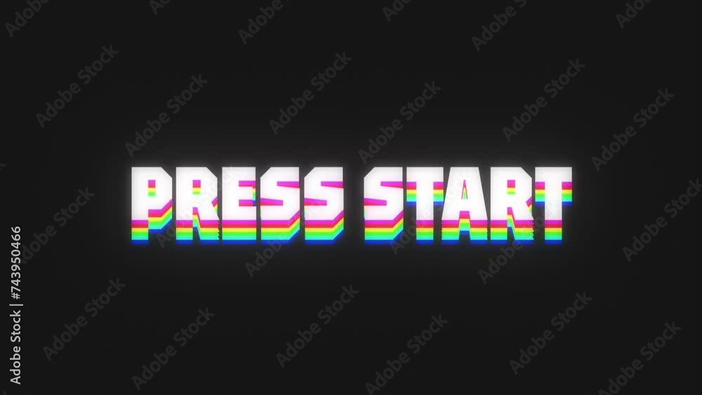 A nostalgic retro typography motion graphic with the words Press Start gaming terminology with scrolling looping colourful animation in 4k UHD 30p
