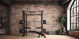 3D rendering of a home gym with brick walls, weightlifting equipment, and a large window.