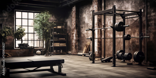 A dark and moody home gym with a weight rack, bench, and exercise mat.