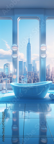 Futuristic bathroom interior with a view of the city.
