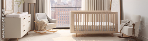 3D rendering of a modern nursery with a crib, rocking chair, and dresser in a neutral color palette with a large window in the background