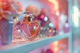 Perfume en una botella con forma de corazon color rosa suave en un estante, producto atractivo o decoracion de san valentin.