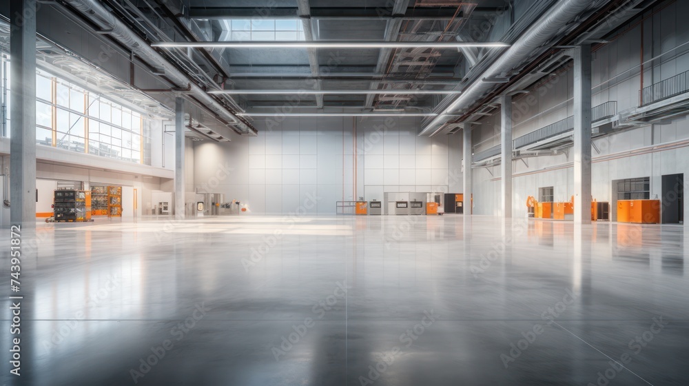 The concrete floor inside an industrial building sets the background for the industrial setting. The concrete floor inside an industrial building sets the background for the industrial setting.