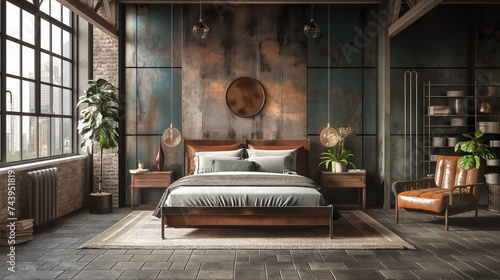 Contemporary Industrial Bedroom with Minimalist Decor and City Views
