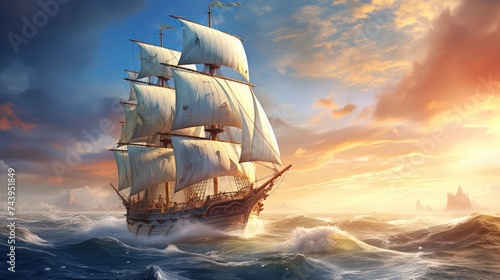 Pirate ship sailing out to sea illustration.