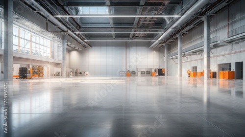 The concrete floor inside an industrial building sets the background for the industrial setting.