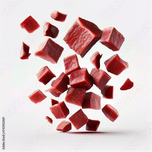 Falling meat beef cubes isolated on white background, Ai generated image