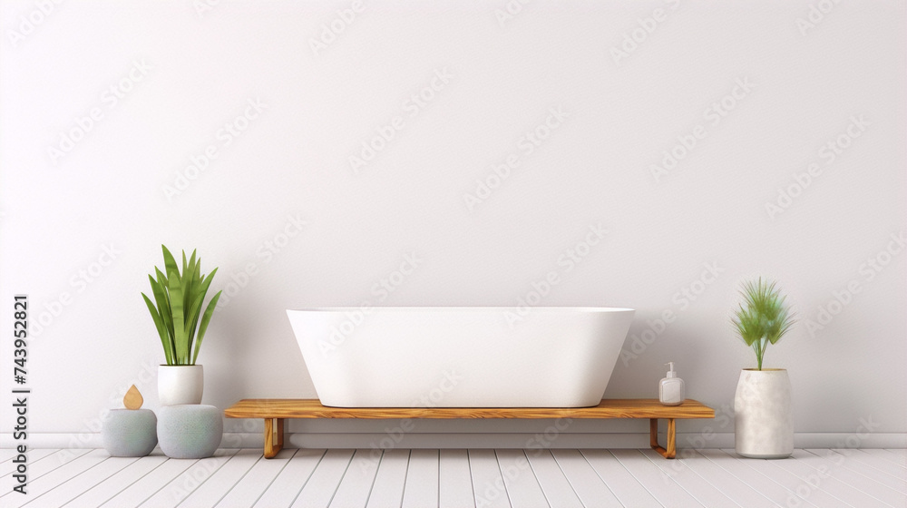 Bathroom interior with a bathtub, plants, and a wooden bench. White walls and floor. 3d illustration. - obrazy, fototapety, plakaty 