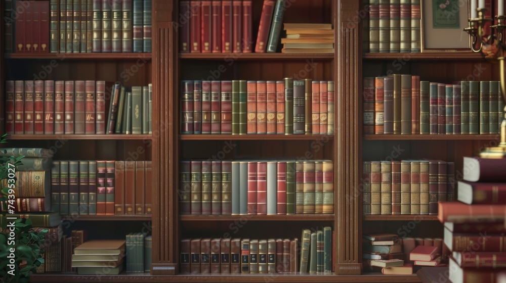 Classic library setting with antique books on wooden shelves. Timeless elegance in a traditional book collection. Historical and literary atmosphere in a private library. Classic library setting with antique books on wooden shelves. Timeless elegance in a traditional book collection. Historical and literary atmosphere in a private library.