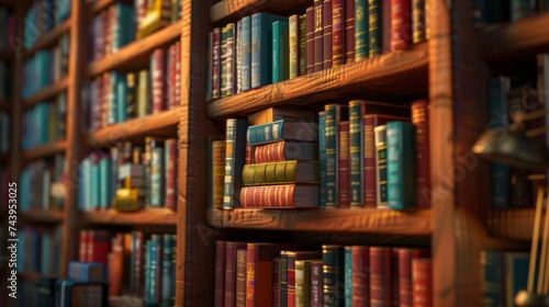 Close-up of a bookshelf with selective focus on a book collection. Warmly lit library with an extensive range of books. Personal library with a focus on a diverse book selection.