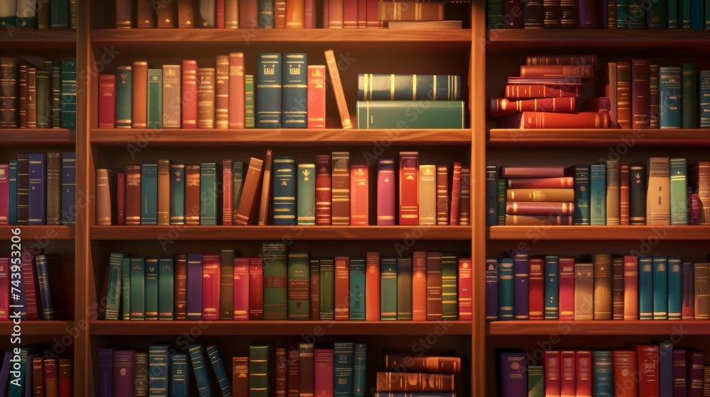Vibrant bookshelf filled with colorful books in a cozy library. Organized wooden bookcase with an array of hardcovers. Serene reading environment with neatly arranged books. Vibrant bookshelf filled with colorful books in a cozy library. Organized wooden bookcase with an array of hardcovers. Serene reading environment with neatly arranged books.
