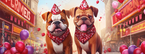 Two happy cartoon bulldogs wearing party hats in a city street with a carnival or party atmosphere. photo