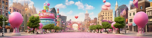 3D rendering of a colorful and whimsical city street with pink balloons, heart-shaped objects, and other decorations.