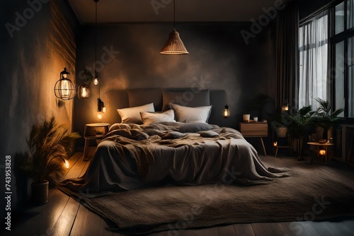 Interior of cozy bedroom with comfortable bed, blanket and glowing lamps at night