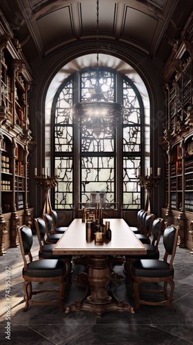 Dark academia library with a large stained glass window, wooden table, and chairs