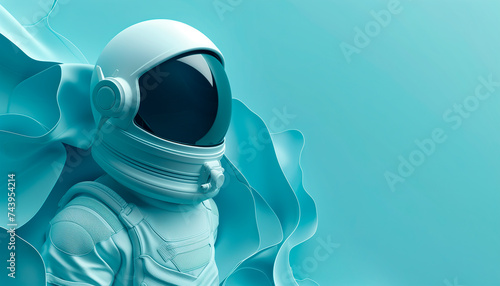 An astronaut in a white spacesuit looks into the distance on a blue background with waves of matter behind him, in profile close-up, free space for text