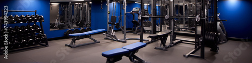 Blue modern gym interior with exercise machines and weights