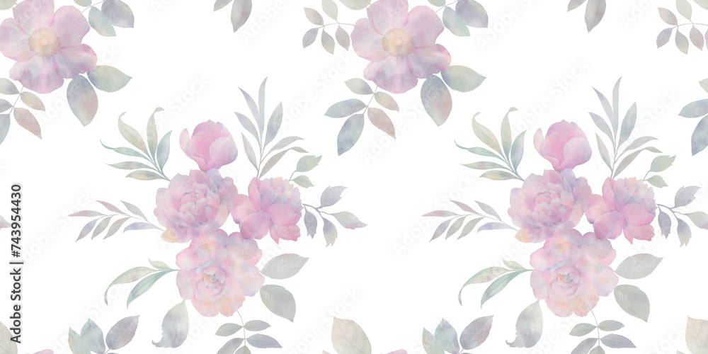 watercolor bouquets of flowers, seamless pattern, abstract background of flowers and leaves, peonies and roses, for wallpaper printing, wrapping paper, cards