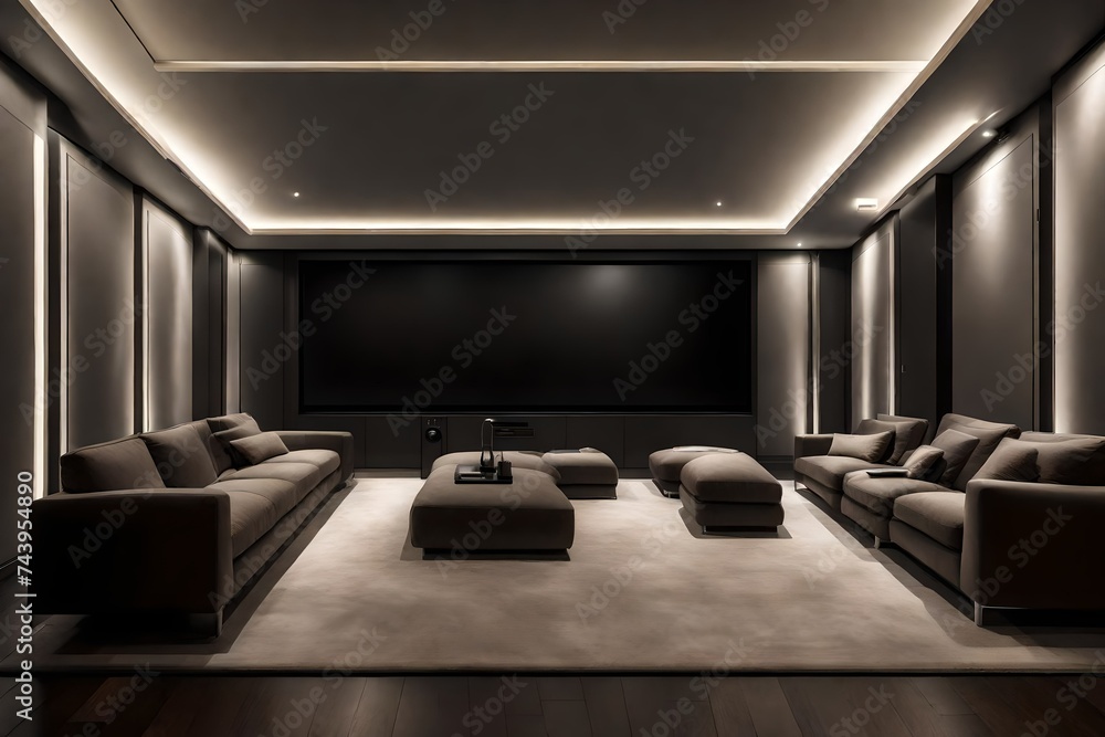 A luxurious, minimalistic home cinema with a large screen, comfortable seating, and soft, dimmable lighting
