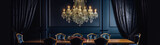Dark blue elegant dinning room with crystal chandelier