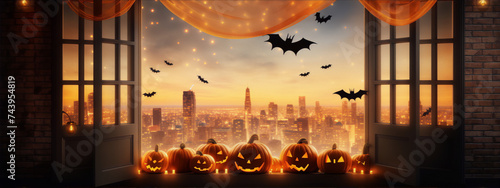 Halloween pumpkins on windowsill with bats and cityscape at night in orange and black colors, digital art photo