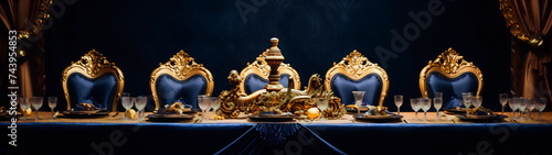 Ornate golden chairs and table setting with blue velvet and gold accents in a dark blue room.
