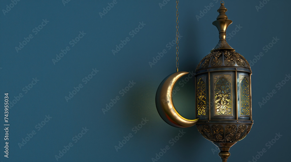 Naklejka premium 3d ramadan lantern with crescent moon on a blue background. ramadan kareem holiday celebration concept