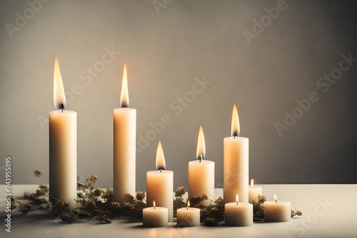 Minimalist Sympathy Condolences Grief card. Three burning candles on a muted background. Copy space