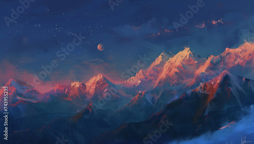 sunrise and moon over the snow capped Himalayas in th