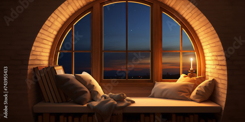Cozy reading nook with a view of the night sky, pillows, books and a candle on the windowsill photo