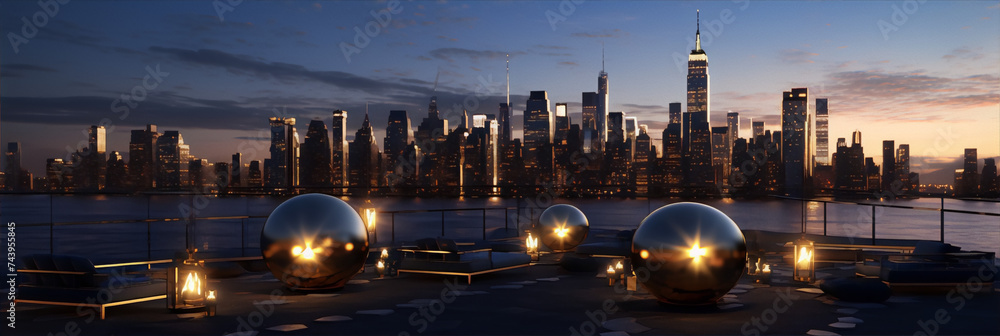 Cityscape with skyscrapers and river in dusk with golden spheres on the terrace in the foreground. - obrazy, fototapety, plakaty 