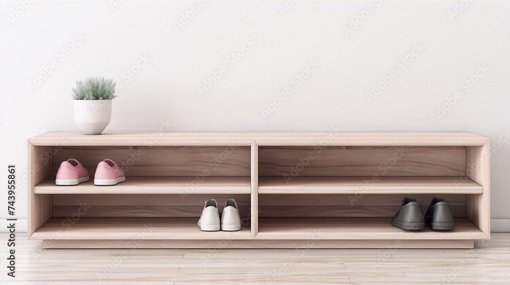 custom made wallpaper toronto digital3D rendering of a wooden shoe rack with a plant on top and four pairs of shoes on the shelves.