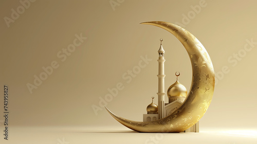 3d golden crescent in an oval shape with small mosque. ramadan kareem holiday celebration concept photo