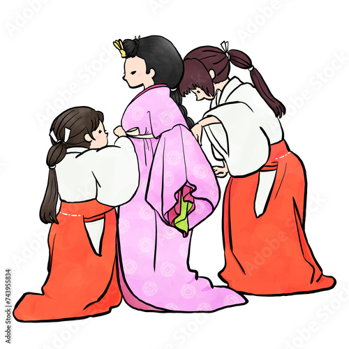 十二単を着付けする女性たち