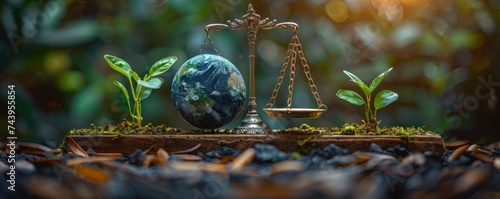A balance scale with the earth on one side and industrial weights on the other questioning ecological equity