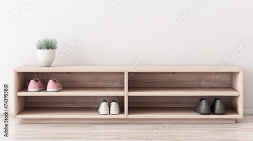 Wallpaper Mural 3D rendering of a wooden shoe rack with a plant on top and four pairs of shoes on the shelves. Torontodigital.ca