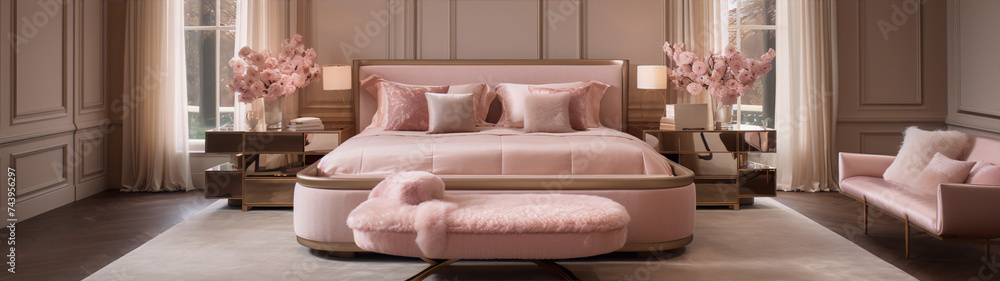 Pink and gold bedroom interior design with a large bed, two bedside ...