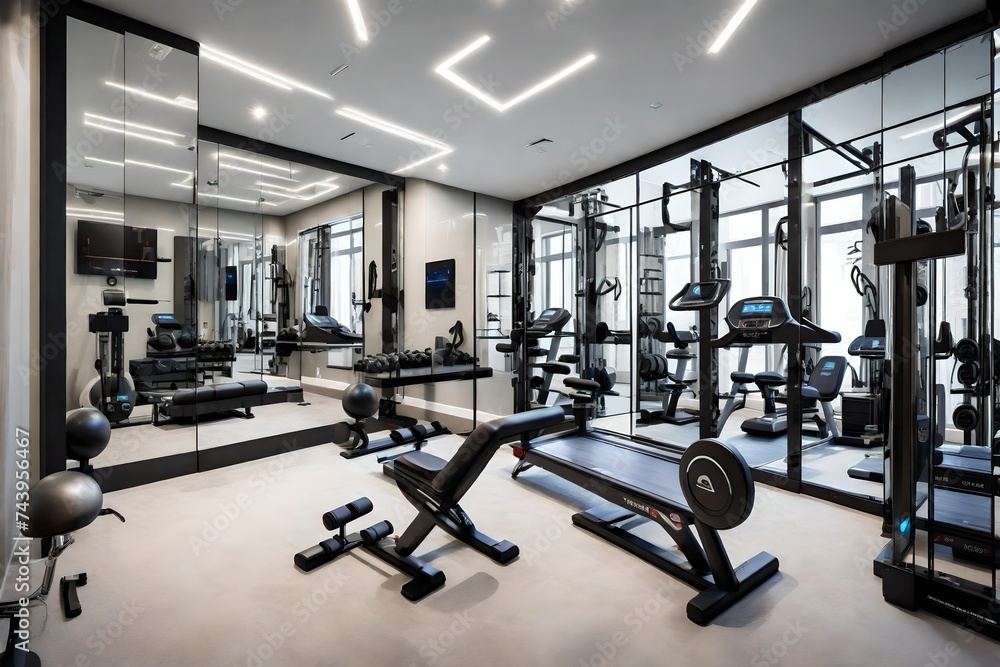 High-tech home gym with state-of-the-art equipment, mirrored walls, and motivational wall decals High-tech home gym with state-of-the-art equipment, mirrored walls, and motivational wall decals