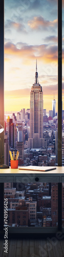 Cityscape of New York City with the Empire State Building in the center, seen from an office desk with a lamp and a notebook.