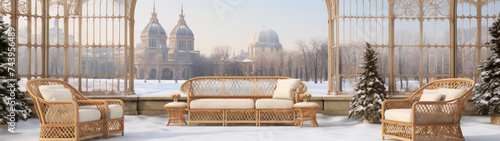 3d rendering of a conservatory with wicker furniture and a view of a snowy cityscape