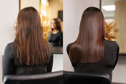 Before and after the straightening procedure with keratin, botox or brazilian special procedure for brown hair. photo