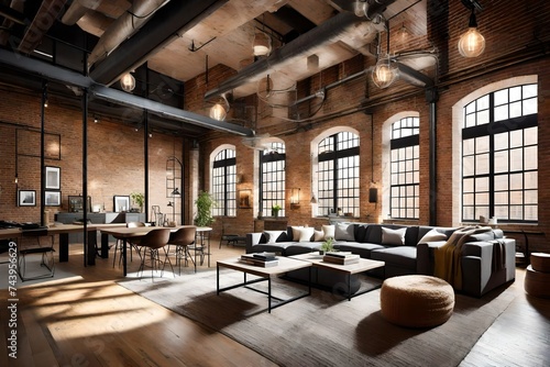 Industrial-style loft living area with  brick walls  high ceilings  and industrial lighting