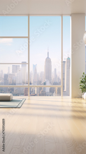 Cityscape view from modern yoga studio with large windows