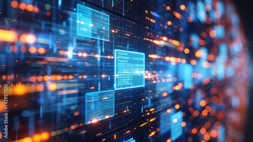 Abstract network grid with files and folders, futuristic software interface, digital document management system, store, search and organize documents, corporate business, paperless office