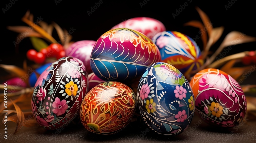 Luxuriously dyed and exquisitely adorned Easter eggs, radiating freshness and sophistication, poised to warmly welcome the imminent celebration with opulence and style.