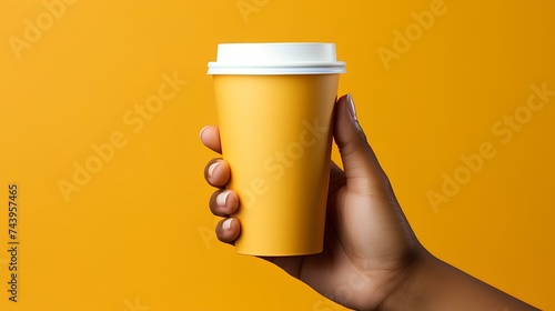 Person holds a cardboard cup of a hot drink, such as coffee or tea, a container that can be recycled photo
