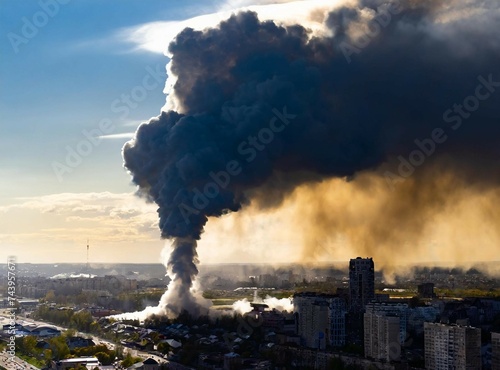 Plume of smoke goes into the air in a city after an explosion