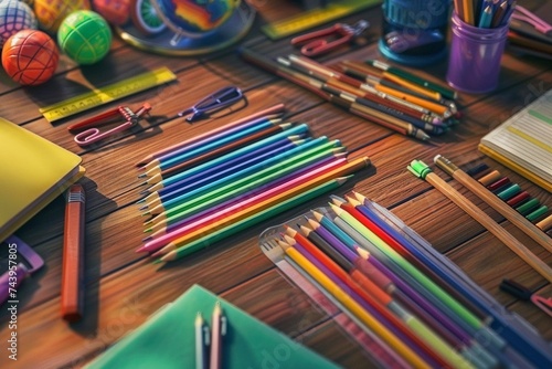 Artículos de papelería escolar, incluyendo lápices de colores y cuadernos, dispuestos en una mesa de madera